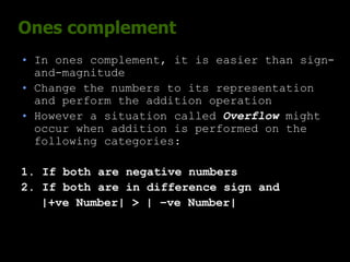 Ones complement
• In ones complement, it is easier than sign-
and-magnitude
• Change the numbers to its representation
and perform the addition operation
• However a situation called Overflow might
occur when addition is performed on the
following categories:
1. If both are negative numbers
2. If both are in difference sign and
|+ve Number| > | –ve Number|
 