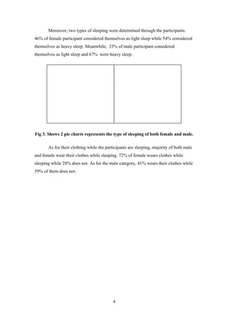 Moreover, two types of sleeping were determined through the participants.
46% of female participant considered themselves as light sleep while 54% considered
themselves as heavy sleep. Meanwhile, 33% of male participant considered
themselves as light sleep and 67% were heavy sleep.

Fig 3. Shows 2 pie charts represents the type of sleeping of both female and male.
As for their clothing while the participants are sleeping, majority of both male
and female wear their clothes while sleeping. 72% of female wears clothes while
sleeping while 28% does not. As for the male category, 41% wears their clothes while
59% of them does not.

4

 