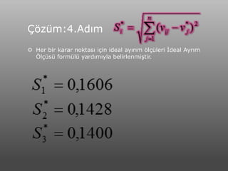 Çözüm:4.Adım
 Her bir karar noktası için ideal ayırım ölçüleri İdeal Ayrım
  Ölçüsü formülü yardımıyla belirlenmiştir.
 