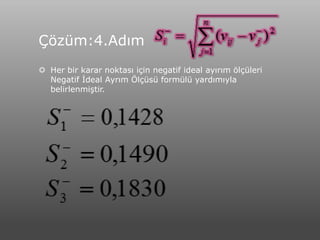 Çözüm:4.Adım
 Her bir karar noktası için negatif ideal ayırım ölçüleri
  Negatif İdeal Ayrım Ölçüsü formülü yardımıyla
  belirlenmiştir.
 