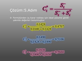 Çözüm:5.Adım
 Formülünden üç karar noktası için ideal çözüme göreli
  yakınlık değerleri bulunmuştur.
 