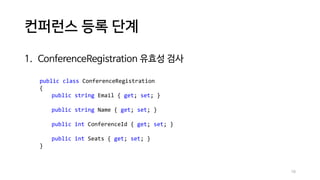 컨퍼런스 등록 단계
1. ConferenceRegistration 유효성 검사
public class ConferenceRegistration
{
public string Email { get; set; }
public string Name { get; set; }
public int ConferenceId { get; set; }
public int Seats { get; set; }
}
16
 