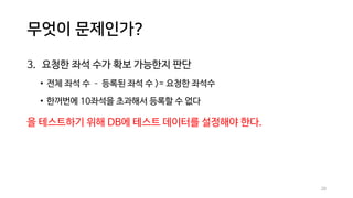 무엇이 문제인가?
3. 요청한 좌석 수가 확보 가능한지 판단
• 전체 좌석 수 – 등록된 좌석 수 >= 요청한 좌석수
• 한꺼번에 10좌석을 초과해서 등록할 수 없다
을 테스트하기 위해 DB에 테스트 데이터를 설정해야 한다.
28
 