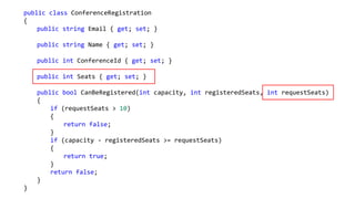 public class ConferenceRegistration
{
public string Email { get; set; }
public string Name { get; set; }
public int ConferenceId { get; set; }
public int Seats { get; set; }
public bool CanBeRegistered(int capacity, int registeredSeats, int requestSeats)
{
if (requestSeats > 10)
{
return false;
}
if (capacity - registeredSeats >= requestSeats)
{
return true;
}
return false;
}
}
 