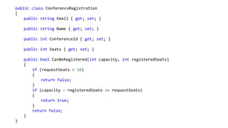 public class ConferenceRegistration
{
public string Email { get; set; }
public string Name { get; set; }
public int ConferenceId { get; set; }
public int Seats { get; set; }
public bool CanBeRegistered(int capacity, int registeredSeats)
{
if (requestSeats > 10)
{
return false;
}
if (capacity - registeredSeats >= requestSeats)
{
return true;
}
return false;
}
}
 