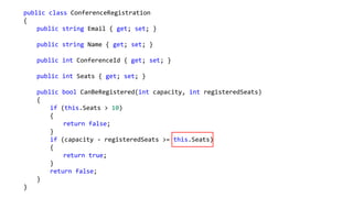 public class ConferenceRegistration
{
public string Email { get; set; }
public string Name { get; set; }
public int ConferenceId { get; set; }
public int Seats { get; set; }
public bool CanBeRegistered(int capacity, int registeredSeats)
{
if (this.Seats > 10)
{
return false;
}
if (capacity - registeredSeats >= this.Seats)
{
return true;
}
return false;
}
}
 