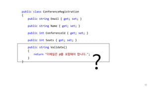 public class ConferenceRegistration
{
public string Email { get; set; }
public string Name { get; set; }
public int ConferenceId { get; set; }
public int Seats { get; set; }
public string Validate()
{
return "이메일은 @를 포함해야 합니다.";
}
}
?
44
 
