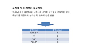 문자열 덧셈 계산기 요구사항
쉼표(,) 또는 콜론(:)을 구분자로 가지는 문자열을 전달하는 경우
구분자를 기준으로 분리한 각 숫자의 합을 반환
입력(input) 출력(output)
null 또는 “” 0
“1” 1
“1,2” 3
“1,2:3” 6
 
