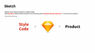 Style
Code
Product>>
Sketch
Design once. Reuse anywhere. Update easily.
With Symbols, Sketch takes the pain out of working with repeated design elements — from icons to avatars.
https://www.sketchapp.com
 