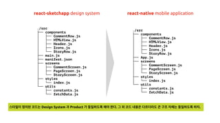 ./src
├── components
│ ├── CommentRow.js
│ ├── HTMLView.js
│ ├── Header.js
│ ├── Icons.js
│ └── StoryRow.js
├── main.js
├── manifest.json
├── screens
│ ├── CommentScreen.js
│ ├── PageScreen.js
│ └── StoryScreen.js
├── styles
│ └── index.js
└── utils
├── constants.js
└── fetchData.js
./src
├── components
│ ├── CommentRow.js
│ ├── HTMLView.js
│ ├── Header.js
│ ├── Icons.js
│ └── StoryRow.js
├── App.js
├── screens
│ ├── CommentScreen.js
│ ├── PageScreen.js
│ └── StoryScreen.js
├── styles
│ └── index.js
└── utils
├── constants.js
└── fetchData.js
react-sketchapp design system react-native mobile application
스타일이 정의된 코드는 Design System 과 Product 가 동일하도록 해야 한다. 그 외 코드 내용은 다르더라도 큰 구조 자체는 동일하도록 하자.
 
