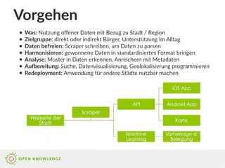 Vorgehen
● Was: Nutzung ofener Daten mit Bezug zu Stadt / Region
● Zielgruppe: direkt oder indirekt Bürger, Unterstützung im Alltag
● Daten befreien: Scraper schreiben, um Daten zu parsen
● Harmonisieren: gewonnene Daten in standardisiertes Format bringen
● Analyse: Muster in Daten erkennen, Anreichern mit Metadaten
● Aufereitung: Suche, Datenvisualisierung, Geolokalisierung programmieren
● Redeployment: Anwendung für andere Städte nutzbar machen
 
