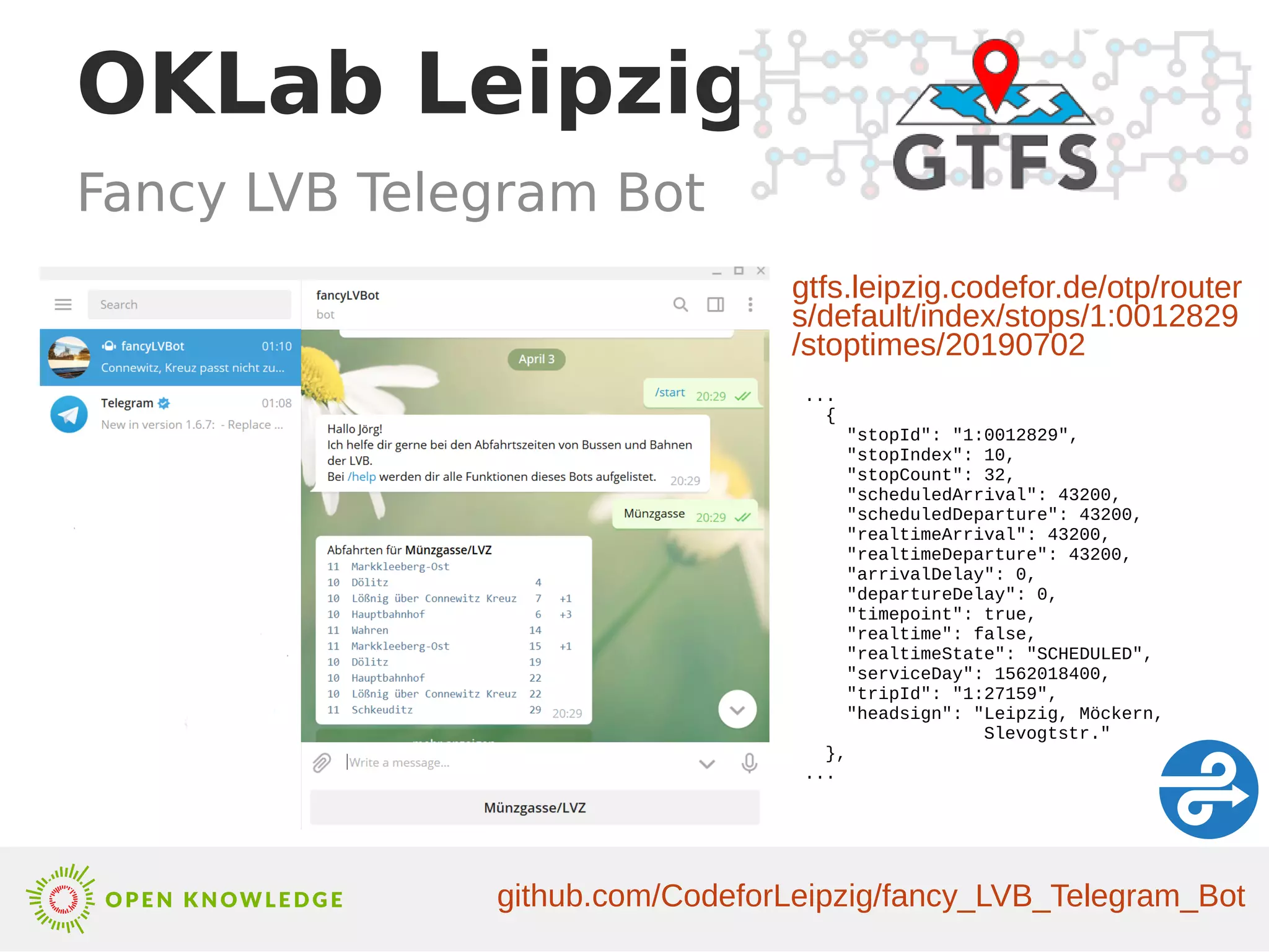OKLab Leipzig
github.com/CodeforLeipzig/fancy_LVB_Telegram_Bot
Fancy LVB Telegram Bot
gtfs.leipzig.codefor.de/otp/router
s/default/index/stops/1:0012829
/stoptimes/20190702
...
{
"stopId": "1:0012829",
"stopIndex": 10,
"stopCount": 32,
"scheduledArrival": 43200,
"scheduledDeparture": 43200,
"realtimeArrival": 43200,
"realtimeDeparture": 43200,
"arrivalDelay": 0,
"departureDelay": 0,
"timepoint": true,
"realtime": false,
"realtimeState": "SCHEDULED",
"serviceDay": 1562018400,
"tripId": "1:27159",
"headsign": "Leipzig, Möckern,
Slevogtstr."
},
...
 