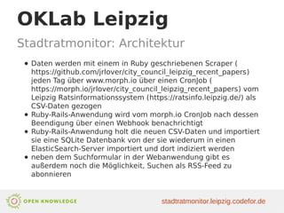 OKLab Leipzig
Stadtratmonitor: Architektur
● Daten werden mit einem in Ruby geschriebenen Scraper (
https://github.com/jrlover/city_council_leipzig_recent_papers)
jeden Tag über www.morph.io über einen CronJob (
https://morph.io/jrlover/city_council_leipzig_recent_papers) vom
Leipzig Ratsinformationssystem (https://ratsinfo.leipzig.de/) als
CSV-Daten gezogen
● Ruby-Rails-Anwendung wird vom morph.io CronJob nach dessen
Beendigung über einen Webhook benachrichtigt
● Ruby-Rails-Anwendung holt die neuen CSV-Daten und importiert
sie eine SQLite Datenbank von der sie wiederum in einen
ElasticSearch-Server importiert und dort indiziert werden
● neben dem Suchformular in der Webanwendung gibt es
außerdem noch die Möglichkeit, Suchen als RSS-Feed zu
abonnieren
stadtratmonitor.leipzig.codefor.de
 