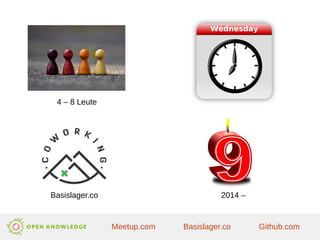 4 – 8 Leute
2014 –
Basislager.co
Meetup.com Github.com
Basislager.co
 