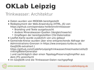 OKLab Leipzig
Trinkwasser: Architektur
● Daten wurden von MIDEWA bereitgestellt
● Redeployment der Web-Anwendung (HTML, JS) von
https://github.com/opendata-heilbronn/trinkwasser
●
Branding und Texte ausgetauscht
●
Andere Mineralwasser-Quellen (Vergleichswerte)
●
Einpflegen der bereitgestellten CSV-Datensätze
● Leaflet-Karte wurde zusätzlich von uns gebaut
● Gemeinde-Kreise wurden über eine entsprechende Abfrage der
Administrations-Grenzen in https://ww.overpass-turbo.eu als
GeoJSON extrahiert (
https://github.com/CodeforLeipzig/trinkwasser/tree/master/utils/D
rinkingWaterGenerator
) und nachträglich über einen TopologyPreservingSimplifier aus
dem JTS vereinfacht
● Im GeoJSON sind die Trinkwasser-Daten nachgepflegt
trinkwasser.codeforleipzig.de
 