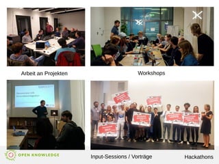 Arbeit an Projekten Workshops
Input-Sessions / Vorträge Hackathons
 