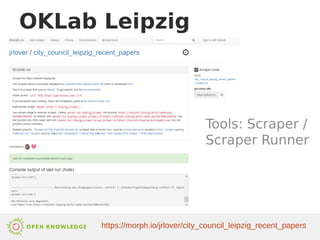 OKLab Leipzig
Tools: Scraper /
Scraper Runner
https://morph.io/jrlover/city_council_leipzig_recent_papers
 