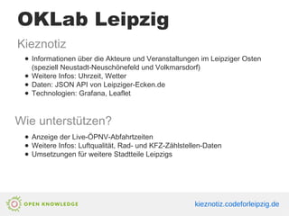 OKLab Leipzig
Kieznotiz
● Informationen über die Akteure und Veranstaltungen im Leipziger Osten
(speziell Neustadt-Neuschönefeld und Volkmarsdorf)
● Weitere Infos: Uhrzeit, Wetter
● Daten: JSON API von Leipziger-Ecken.de
● Technologien: Grafana, Leaflet
Wie unterstützen?
● Anzeige der Live-ÖPNV-Abfahrtzeiten
● Weitere Infos: Luftqualität, Rad- und KFZ-Zählstellen-Daten
● Umsetzungen für weitere Stadtteile Leipzigs
kieznotiz.codeforleipzig.de
 
