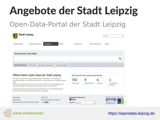 Angebote der Stadt Leipzig
Open-Data-Portal der Stadt Leipzig
https://opendata.leipzig.de
 