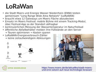 https://www.moers.de/de/aktuelles/stadt-moers-
und-enni-setzen-auf-neue-technologie-lorawan/
●
die Stadt Moers und Energie Wasser Niederrhein (ENNI) testen
gemeinsam "Long Range Wide Area Network" (LoRaWAN)
●
braucht etwa 12 Gateways um Moers Fläche abzudecken
●
Einsatz im Moers Festival: mobile Bühne mit einem Tracking-Modul,
über Festival-App so der Standort abfragbar
●
kontinuierlichen Messung der Wassertemperatur im Naturfreibad
●
öffentliche Abfallbehälter melden ihre Füllstände an den Server
→ Touren optimieren → Kosten sparen
●
LoRaWAN-Energieverbrauch-Zähler
→ keine zeitaufwändigem Ablesungen
LoRaWan
 