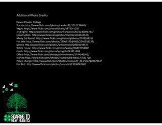 Additional Photo Credits

Career Cluster  Collage
Tractor: http://www.flickr.com/photos/cwalker71/1051739460/
Vegas: http://www.flickr.com/photos/chanc/547504129/
Jet Engine: http://www.flickr.com/photos/francoisroche/2230095723/
Jet Engine: http://www flickr com/photos/francoisroche/2230095723/
Construction: http://www.flickr.com/photos/therefore/18542525/
Merry Go Round: http://www.flickr.com/photos/gibbons/274326816/
For Sale: http://www.flickr.com/photos/23065375@N05/2246558337/
Iphone http://www.flickr.com/photos/williamhook/2830319467/
White House: http://www.flickr.com/photos/wallyg/3687275800/
Whit H         htt //       fli k   / h t / ll /3687275800/
Cords: http://www.flickr.com/photos/jerryjohn/63351388
Office: http://www.flickr.com/photos/criminalintent/2744040362/
Nurses: http://www.flickr.com/photos/46085464@N00/177031720
Police Charger: http://www.flickr.com/photos/mateus27_24‐25/2212832944/
Hot Rod: http://www.flickr.com/photos/januszbc/1353696160/
 