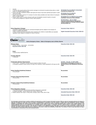 insured
• Insurers who issued policies that provide coverage to commercial insureds whose policy is rated
under an auditable exposure basis - 
• Insurer has right to demand midterm self audit and insurer must honor demand and assist in audit
until end of 2020
• Insurer must adjust premium if in excess of current rating variables and make refund of overpymt
within 10 days of audit
• Insurer retains right to conduct physical audit and immediately transmit results to insured
• DOI working diligently to approve insurer relief programs
OK Bulletin No. PC 2020-01 (Amended)
Coronavirus (COVID-19)
OK Bulletin No. PC 2020-01
Coronavirus (COVID-19)
OK Bulletin No. PC 2020-03 (Corrected)
Auditable Insurance Policy Bulletin
OK DOI Notice - 04/17/2020
Insurance Commissioner Recognizes
Industry Efforts to Provide Premium Relief
During COVID-19
Policy/Regulatory Changes
• Governor suspends fees/costs for oversize/overweight permits related to the transport of
COVID-19 related relief efforts
• Motor carriers and drivers providing direct assistance for COVID-19 relief efforts are awarded
regulatory relief related to limitation on hours of service
Executive Order 2020-13
Eighth Amended Executive Order 2020-20
      Active Emergency Orders - State of Emergency due to Winter Storms
Effective Dates
• Winter Storms - 02/12/2021 - 03/14/2021
Executive Order 2021-06
Event
• Severe winter weather/storms
Executive Order 2021-06
Counties Affected
• Statewide
Executive Order 2021-06
Catastrophe Adjuster Requirements
• 02/17/2021 - emergency licenses may be issued to adjust cat event
• Emergency adjuster license valid for 90 days from issuance, unless extended for 90 days by DOI
OK DOI - Case No. 21-0077-EMG
Declaration of Emergency Pursuant to
Section 6218 of the Oklahoma Insurance
Code
Claims Handling Guidelines/Guidance
• No provision
No provision
Company Reporting Requirements
• No provision
No provision
Company Underwriting Guidelines/Guidance
• No provision
No provision
Policy/Regulatory Changes
• Oversize/overweight requirements/costs/fees temporarily suspended
• Propane shortage - drivers exempt from certain FMCSA regs
• Dealers exempt from regs re: filling other company tanks if tank 10% or less
Executive Order 2021-06
Amended Executive Order 2021-04
Executive Order 2021-04
The information contained herein is publicly available and organized by us solely for general information purposes. While we make all reasonable attempts and endeavor to
keep the information up to date and correct, we make no representations or warranties of any kind, express or implied, about the completeness, accuracy, reliability,
suitability, or availability with respect to the information contained herein. Because this content is frequently changed with or without notice, printed versions of the
material contained herein are not guaranteed to be complete, correct, timely, current or up-to-date. Therefore, reliance solely on such printed materials is not
recommended and done only at the user's sole risk. The presentation of this information is not legal advice, nor should it be used to substitute or replace the legal
judgment, operating procedures, decisions, rules, guidelines, or advice of your Affiliated Companies. This page may also contain various links to other websites which are
not under the control of Claim Toolkit. We have no control over the nature, content, and availability of those sites. The inclusion of links to these sites does not imply a
recommendation or endorsement of the views expressed therein.
 