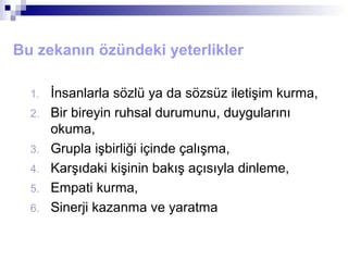 Bu zekanın özündeki yeterlikler
1. İnsanlarla sözlü ya da sözsüz iletişim kurma,
2. Bir bireyin ruhsal durumunu, duygularını
okuma,
3. Grupla işbirliği içinde çalışma,
4. Karşıdaki kişinin bakış açısıyla dinleme,
5. Empati kurma,
6. Sinerji kazanma ve yaratma
 