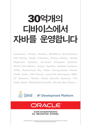 Copyright © 2009, Oracle. All rights reserved. Oracle is a registered trademark of Oracle Corporation and/or its affiliates. Other names may be trademarks of their respective owners. oracle.com/goto/industries또는 080.2194.114로 문의하세요. #1 Development PlatformComputers, Printers, Routers, BlackBerry Smartphones, Cell Phones, Kindle E-Readers, Parking Meters, Vehicle Diagnostic Systems, On-Board Computer Systems, Smart Grid Meters, Lottery Systems, Airplane Systems, ATMs, Government IDs, Public Transportation Passes, Credit Cards, VoIP Phones, Livescribe Smartpens, MRIs, CT Scanners, Robots, Home Security Systems, TVs, Cable Boxes, PlayStation Consoles, Blu-ray Disc Players… 30억개의디바이스에서자바를 운영합니다PRODUCTION 