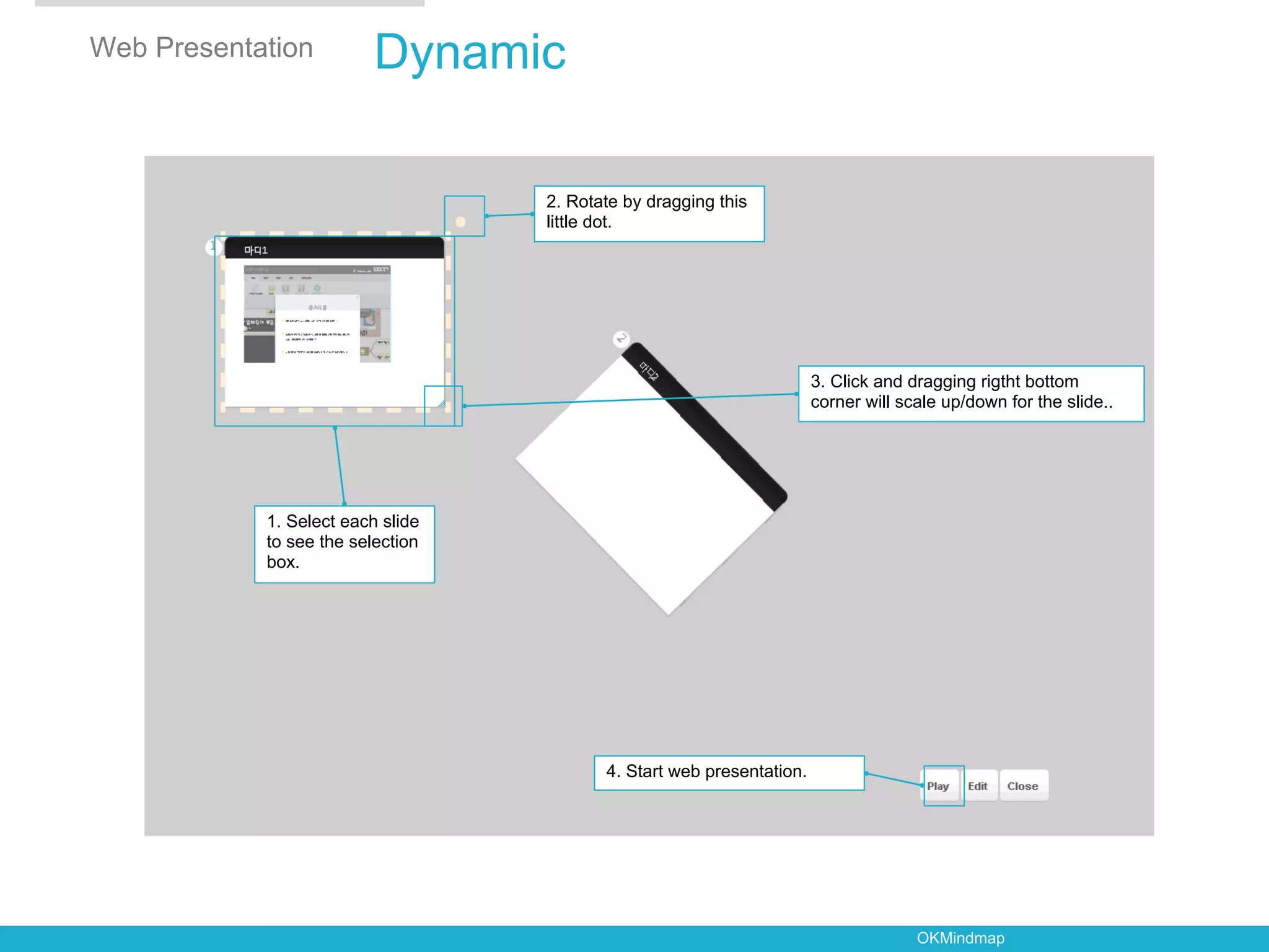 Web Presentation          Dynamic

                                   2. Rotate by dragging this
                                   little dot.




                                                                       3. Click and dragging rigtht bottom
                                                                       corner will scale up/down for the slide..




            1. Select each slide
            to see the selection
            box.




                                          4. Start web presentation.




                                                                                     OKMindmap
 