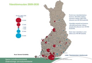Väestönmuutos 2009-2030








































 








 










































 




















































































 

















 



















 





 


























 


































 



 



























© Kuntarajat: Tilastokeskus
Karttakuva © Jaana Halonen/Kuntaliitto
RovaniemiRovaniemiRovaniemiRovaniemiRovaniemiRovaniemiRovaniemiRovaniemiRovaniemi
OuluOuluOuluOuluOuluOuluOuluOuluOulu
KajaaniKajaaniKajaaniKajaaniKajaaniKajaaniKajaaniKajaaniKajaani
JoensuuJoensuuJoensuuJoensuuJoensuuJoensuuJoensuuJoensuuJoensuu
KuopioKuopioKuopioKuopioKuopioKuopioKuopioKuopioKuopio
KokkolaKokkolaKokkolaKokkolaKokkolaKokkolaKokkolaKokkolaKokkola
VaasaVaasaVaasaVaasaVaasaVaasaVaasaVaasaVaasa
SeinäjokiSeinäjokiSeinäjokiSeinäjokiSeinäjokiSeinäjokiSeinäjokiSeinäjokiSeinäjoki
JyväskyläJyväskyläJyväskyläJyväskyläJyväskyläJyväskyläJyväskyläJyväskyläJyväskylä
MikkeliMikkeliMikkeliMikkeliMikkeliMikkeliMikkeliMikkeliMikkeli
LappeenrantaLappeenrantaLappeenrantaLappeenrantaLappeenrantaLappeenrantaLappeenrantaLappeenrantaLappeenranta
LahtiLahtiLahtiLahtiLahtiLahtiLahtiLahtiLahti
HämeenlinnaHämeenlinnaHämeenlinnaHämeenlinnaHämeenlinnaHämeenlinnaHämeenlinnaHämeenlinnaHämeenlinna
TampereTampereTampereTampereTampereTampereTampereTampereTampere
PoriPoriPoriPoriPoriPoriPoriPoriPori
TurkuTurkuTurkuTurkuTurkuTurkuTurkuTurkuTurku
HelsinkiHelsinkiHelsinkiHelsinkiHelsinkiHelsinkiHelsinkiHelsinkiHelsinki
KotkaKotkaKotkaKotkaKotkaKotkaKotkaKotkaKotkaPorvooPorvooPorvooPorvooPorvooPorvooPorvooPorvooPorvoo
MaarianhaminaMaarianhaminaMaarianhaminaMaarianhaminaMaarianhaminaMaarianhaminaMaarianhaminaMaarianhaminaMaarianhamina
Muutos 2009-2030
henkilöä
50 000
25 000
5 000
-5 000
-25 000
-50 000
Lähde: Tilastokeskuksen väestöennuste
Kuva: Suomen Kuntaliitto
Positiivisen väestönkehityksen
kunnissa väkimäärä lisääntyy
ennusteen mukaan 2009-2030
yhteensä noin 600 000 henkilöllä.
Väestöään menettävissä kunnissa
väkimäärä puolestaan vähenee
ajanjaksolla yhteensä noin 100 000
henkilöllä.
Koko maan väestönkasvu olisi
tällöin noin 500 000 henkilöä.
 