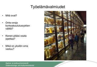 Työelämävalmiudet
• Mitä ovat?
• Onko eroja
korkeakoulutussyklien
välillä?
• Kenen pitäisi osata
opettaa?
• Mikä on yksilön oma
vastuu?
 