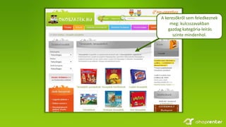 A keresőkről sem feledkeznek
meg: kulcsszavakban
gazdag kategória-leírás
szinte mindenhol.
 