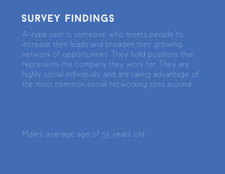 C-type user is a someone who is more mature and accomplished.
They usually attend networking events to ﬁnd interesting
individuals or broaden their network of other accomplished
individuals. Most of them are positive thinkers, but are
conservative to moderate type when it comes to investing their
time and eﬀort with someone. They are looking for other ways to
grow their wealth, and want a part of the tech bubble.
Mostly Males, Average age of 55 years old
survey ﬁndings
 