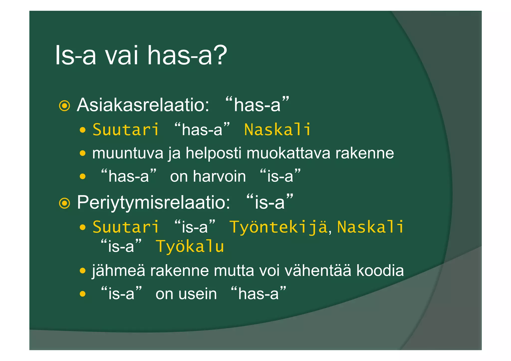 Is-a vai has-a?
ž  Asiakasrelaatio: “has-a”
—  Suutari “has-a” Naskali
—  muuntuva ja helposti muokattava rakenne
—  “has-a” on harvoin “is-a”
ž  Periytymisrelaatio: “is-a”
—  Suutari “is-a” Työntekijä, Naskali
“is-a” Työkalu
—  jähmeä rakenne mutta voi vähentää koodia
—  “is-a” on usein “has-a”
 