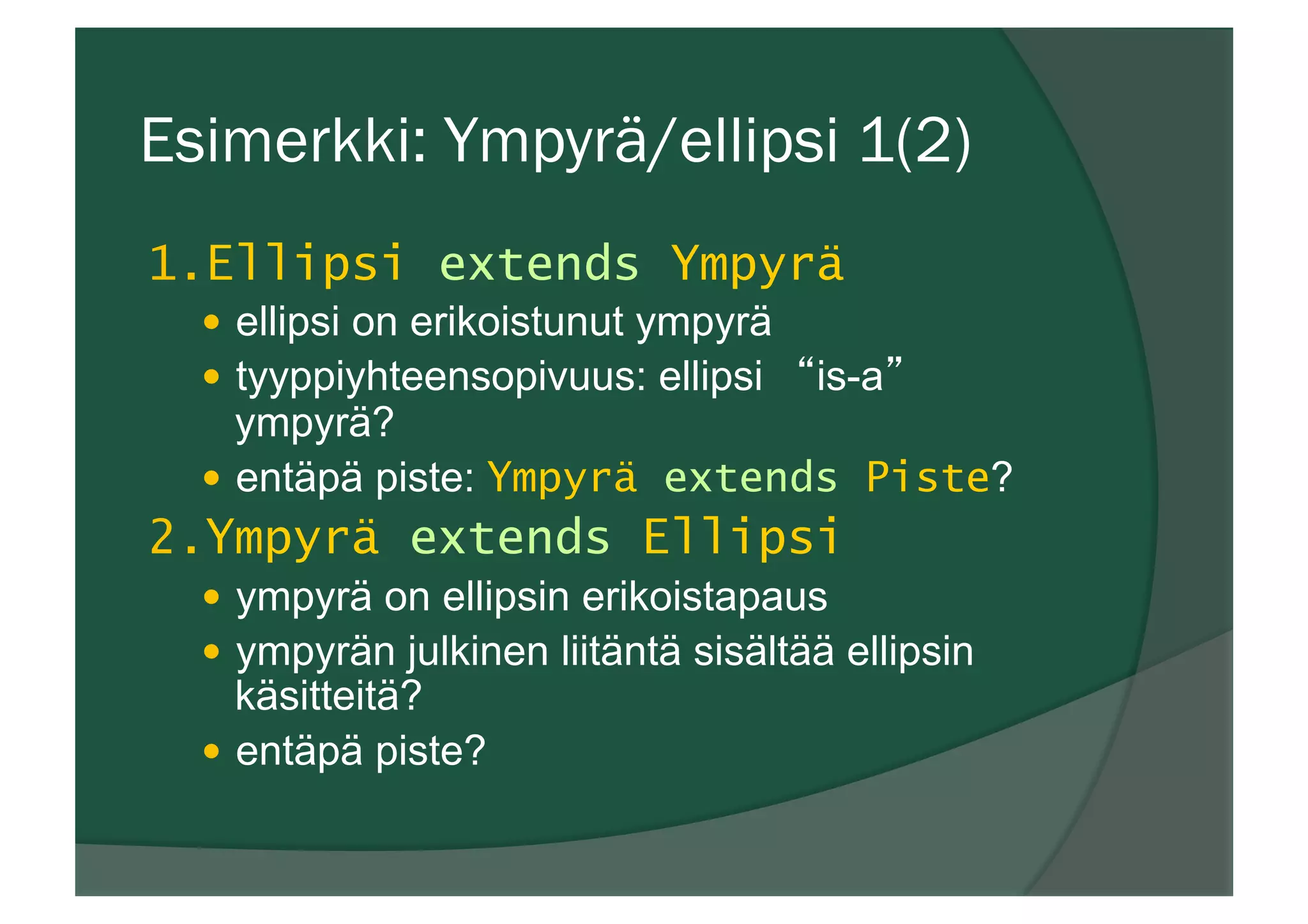 Esimerkki: Ympyrä/ellipsi 1(2)
1. Ellipsi extends Ympyrä
—  ellipsi on erikoistunut ympyrä
—  tyyppiyhteensopivuus: ellipsi “is-a”
ympyrä?
—  entäpä piste: Ympyrä extends Piste?
2. Ympyrä extends Ellipsi
—  ympyrä on ellipsin erikoistapaus
—  ympyrän julkinen liitäntä sisältää ellipsin
käsitteitä?
—  entäpä piste?
 