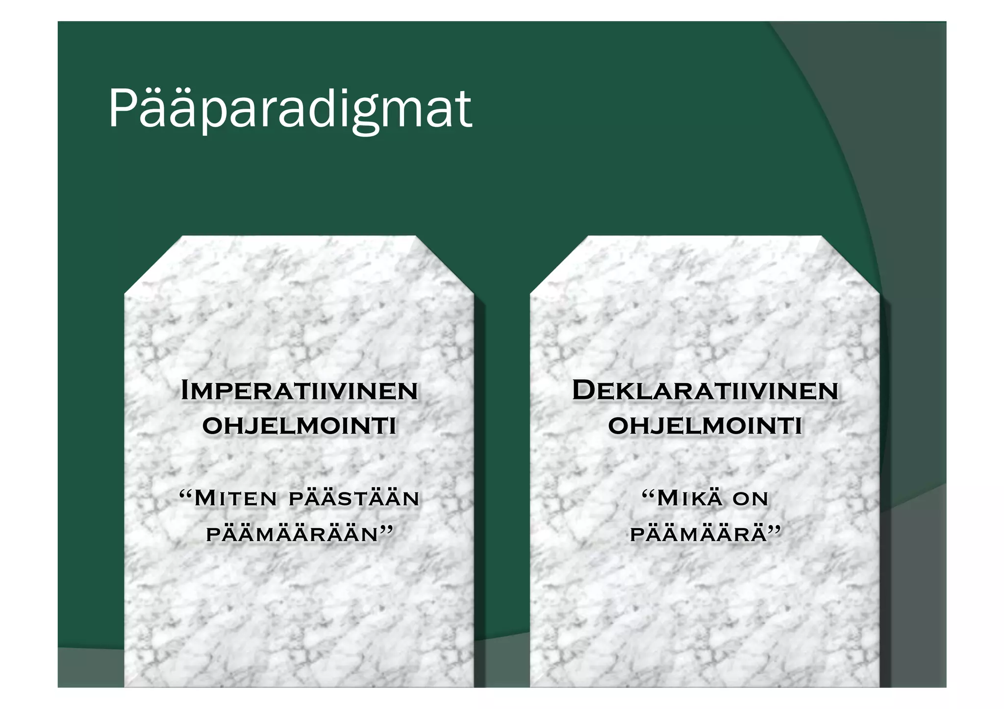 Pääparadigmat
Imperatiivinen
ohjelmointi

“Miten päästään
päämäärään”

Deklaratiivinen
ohjelmointi

“Mikä on
päämäärä”

 