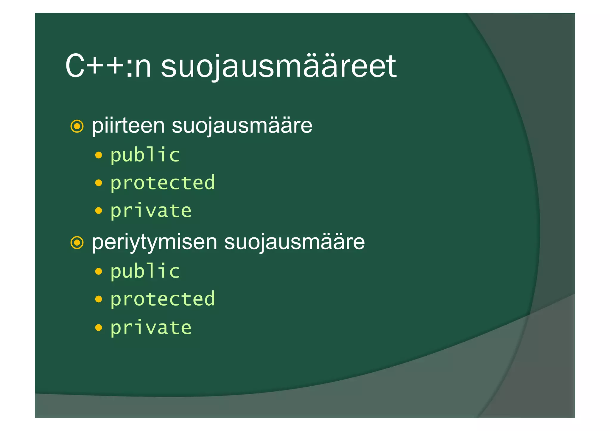 C++:n suojausmääreet
ž  piirteen suojausmääre
—  public
—  protected
—  private
ž  periytymisen suojausmääre
—  public
—  protected
—  private
 