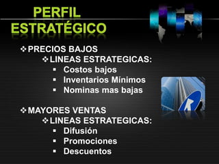 PRECIOS BAJOS
   LINEAS ESTRATEGICAS:
      Costos bajos
      Inventarios Mínimos
      Nominas mas bajas

MAYORES VENTAS
   LINEAS ESTRATEGICAS:
      Difusión
      Promociones
      Descuentos
 