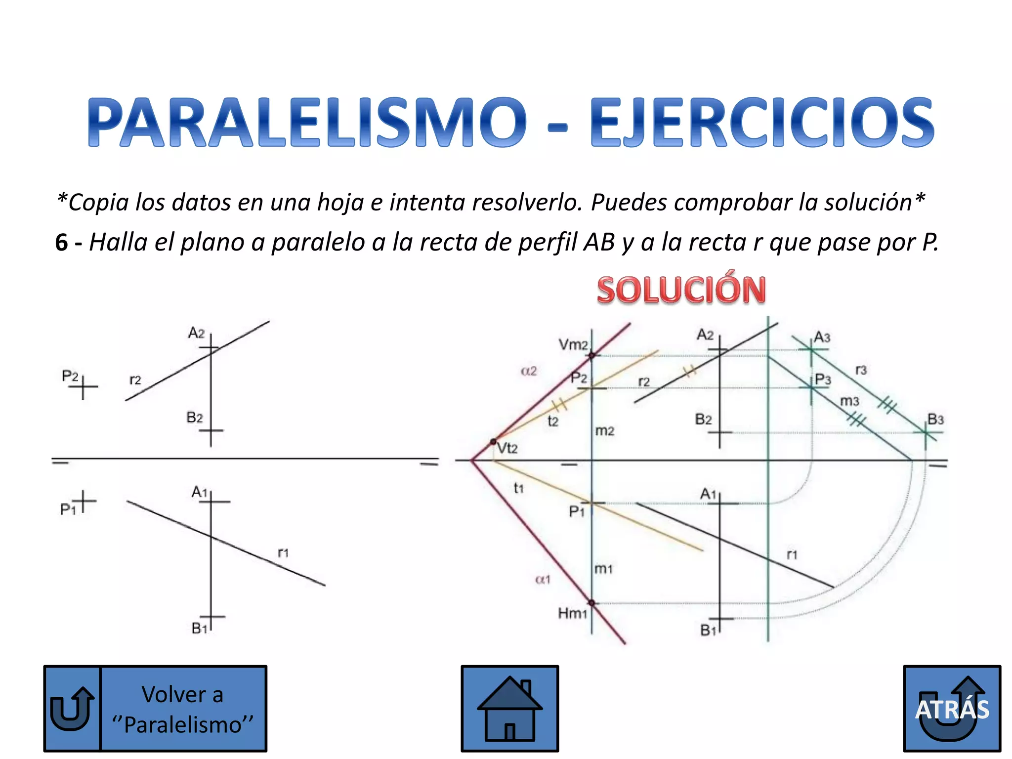 *Copia los datos en una hoja e intenta resolverlo. Puedes comprobar la solución*
6 - Halla el plano a paralelo a la recta de perfil AB y a la recta r que pase por P.




        Volver a
                                                                                 ATRÁS
     ‘’Paralelismo’’
 