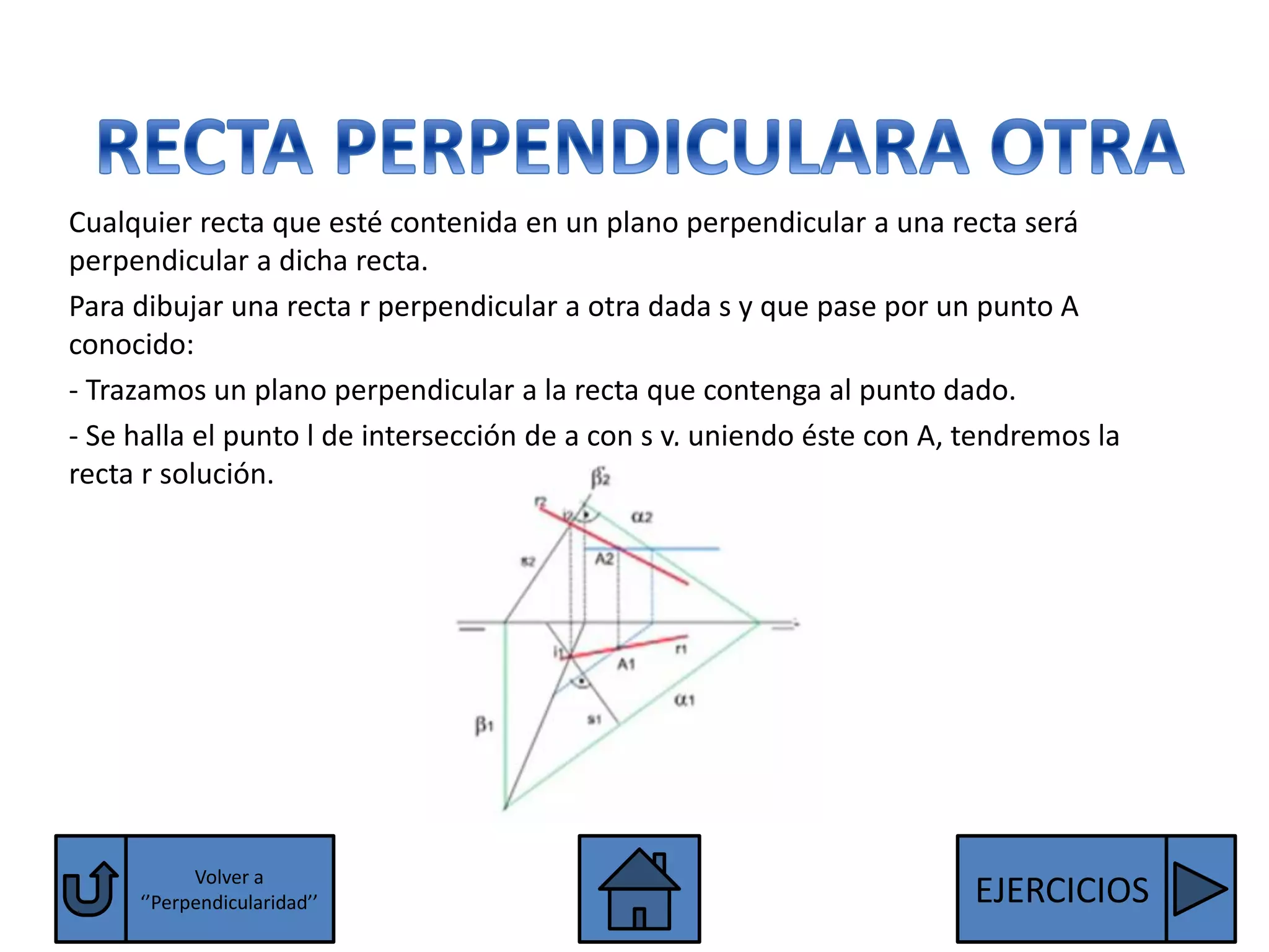 Cualquier recta que esté contenida en un plano perpendicular a una recta será
perpendicular a dicha recta.
Para dibujar una recta r perpendicular a otra dada s y que pase por un punto A
conocido:
- Trazamos un plano perpendicular a la recta que contenga al punto dado.
- Se halla el punto l de intersección de a con s y, uniendo éste con A, tendremos la
recta r solución.




           Volver a
     ‘’Perpendicularidad’’                                              EJERCICIOS
 