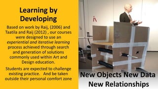 Learning by
Developing
Based on work by Raij, (2006) and
Taatila and Raij (2012) , our courses
were designed to use an
experiential and iterative learning
process achieved through search
and generation of solutions
commonly used within Art and
Design education.
Students are expected to challenge
existing practice. And be taken
outside their personal comfort zone
New Objects New Data
New Relationships
 