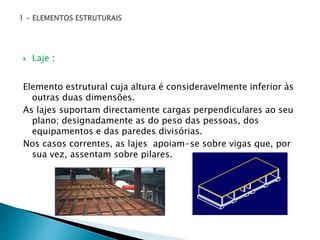  Laje : 
Elemento estrutural cuja altura é consideravelmente inferior às 
outras duas dimensões. 
As lajes suportam directamente cargas perpendiculares ao seu 
plano; designadamente as do peso das pessoas, dos 
equipamentos e das paredes divisórias. 
Nos casos correntes, as lajes apoiam-se sobre vigas que, por 
sua vez, assentam sobre pilares. 
 