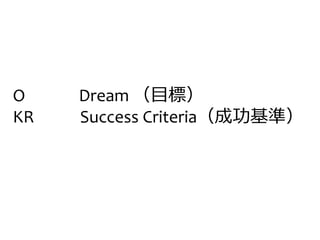 O Dream （目標）
KR Success Criteria（成功基準）
 