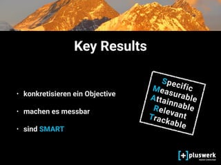 • konkretisieren ein Objective
• machen es messbar
• sind SMART
SpecificMeasurableAttainnableRelevantTrackable
Key Results
 