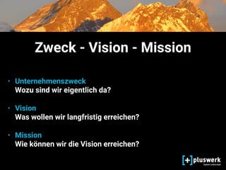 Zweck - Vision - Mission
• Unternehmenszweck 
Wozu sind wir eigentlich da?
• Vision 
Was wollen wir langfristig erreichen?
• Mission 
Wie können wir die Vision erreichen?
 