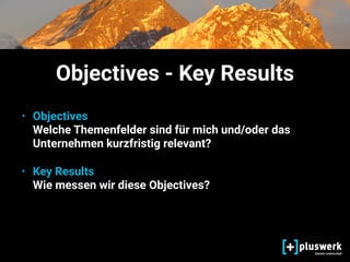 Objectives - Key Results
• Objectives 
Welche Themenfelder sind für mich und/oder das
Unternehmen kurzfristig relevant?
• Key Results 
Wie messen wir diese Objectives?
 