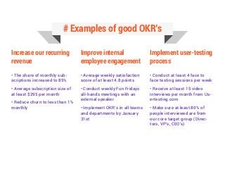Increase our recurring
revenue
• The share of monthly sub-
scriptions increased to 85%
• Average subscription size of
at least $295 per month
• Reduce churn to less than 1%
monthly
Improve internal
employee engagement
• Average weekly satisfaction
score of at least 4.8 points
• Conduct weekly Fun Fridays
all-hands meetings with an
external speaker
• Implement OKR’s in all teams
and departments by January
31st
Implement user-testing
process
• Conduct at least 4 face to
face testing sessions per week
• Receive at least 15 video
interviews per month from Us-
ertesting.com
• Make sure at least 80% of
people interviewed are from
our core target group (Direc-
tors, VP’s, CEO’s)
# Examples of good OKR’s
 