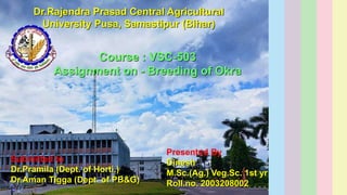 dineshmakwana698@gmail.com
Dr.Rajendra Prasad Central Agricultural
University Pusa, Samastipur (Bihar)
Presented By
Dinesh
M.Sc.(Ag.) Veg.Sc. 1st yr
Roll.no. 2003208002
Course : VSC-503
Assignment on - Breeding of Okra
Submitted to
Dr.Pramila (Dept. of Horti.)
Dr.Aman Tigga (Dept. of PB&G)
 