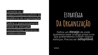 Conecta-se à
visão/missão/propósito de
existência da organização.
Deﬁne o posicionamento
frente ao mercado,
concorrentes, parceiros e
colaboradores.
Estratégia
Da Organização
Deﬁne um desejo de onde
queremos estar a longo prazo e no
que pretendemos investir nossos
esforços. Precisa ser adaptável.
 