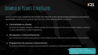 Exemplo de Pilares Estratégicos
Nosso propósito é ser a plataforma de conteúdo mais relevante no dia a dia de pessoas produtoras e consumidoras
de conteúdo, a toda hora, em qualquer lugar. Para isso, nossos esforços estarão focados em:
● Centralidade no cliente:
Ao buscar ou divulgar conteúdo, o cliente nos tem como primeira escolha. Para isso, teremos a melhor curadoria,
o melhor atendimento e a melhor experiência.
● Divulgação e compartilhamento:
Ser o local onde os clientes mais publicam, a mais simples de usar, com maior alcance e melhor custo-benefício.
● Engajamento de pessoas colaboradoras:
Ter pessoas alinhadas com nossos valores, entregando resultado e se desenvolvendo continuamente.
Lista priorizada de onde
queremos investir energia em
médio/longo prazo, porque isso é
importante.
 
